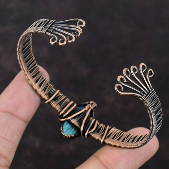 Handcrafted ✦ Marquise Labradorite Bangle ✦ Wire‑Wrapped Copper Bracelet NWT - Picture 3 of 13